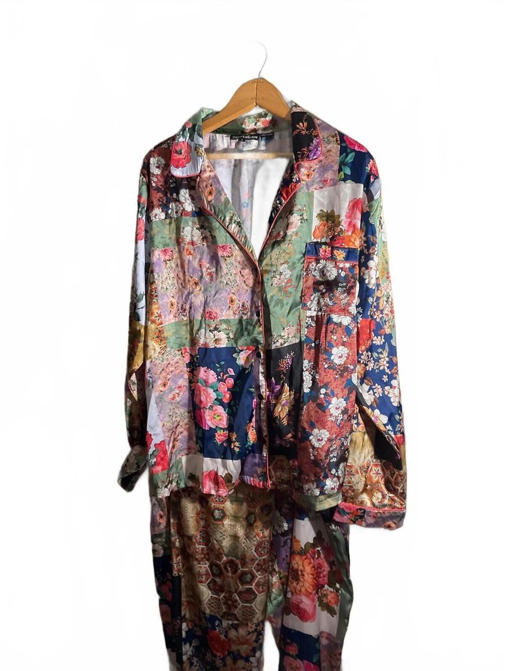 Tolani Collection Patchwork Floral Pajama Set Satin Shirt & Pants Size L - Picture 2 of 12